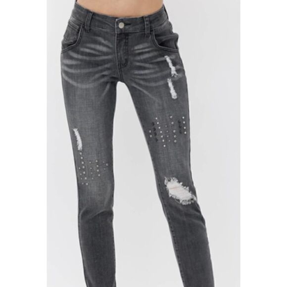 Vocal FRAYED SKINNY ANKLE DENIM WITH STUDS LG NWT - Picture 3 of 5